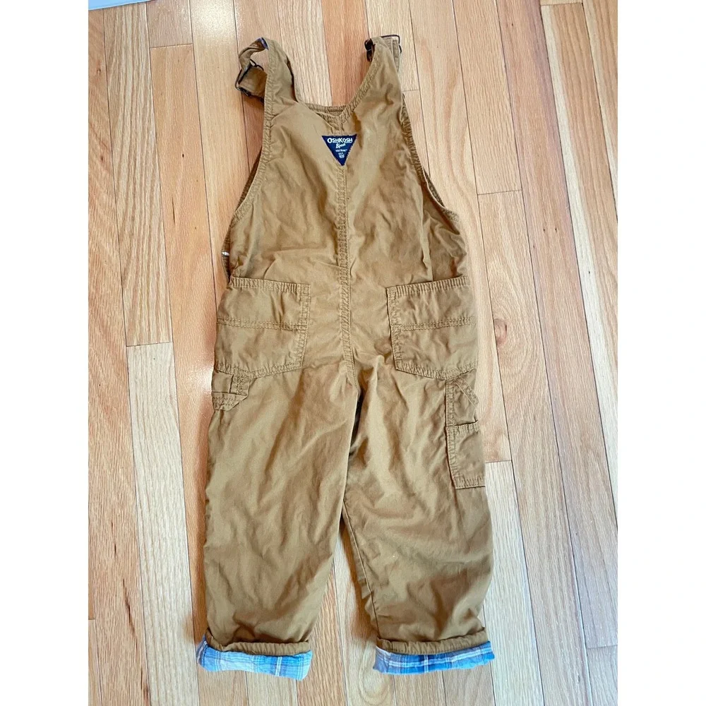 OshKosh Bgosh Toddler 4T Tan Canvas Plaid Flannel‎ Lined Carpenter Overalls